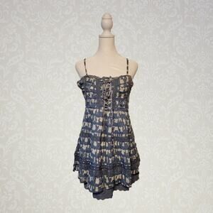 Soho Chiek, S | Babydoll Boho Corset Lace Laundry Print Mini Dress NWT